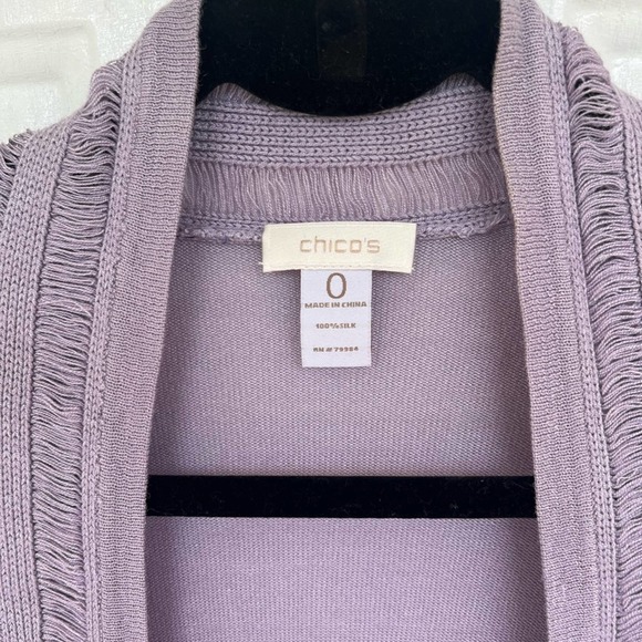 Chico’s women’s Open Front lightweight 100% Silk Knit Cardigan Lavender small - Picture 3 of 5